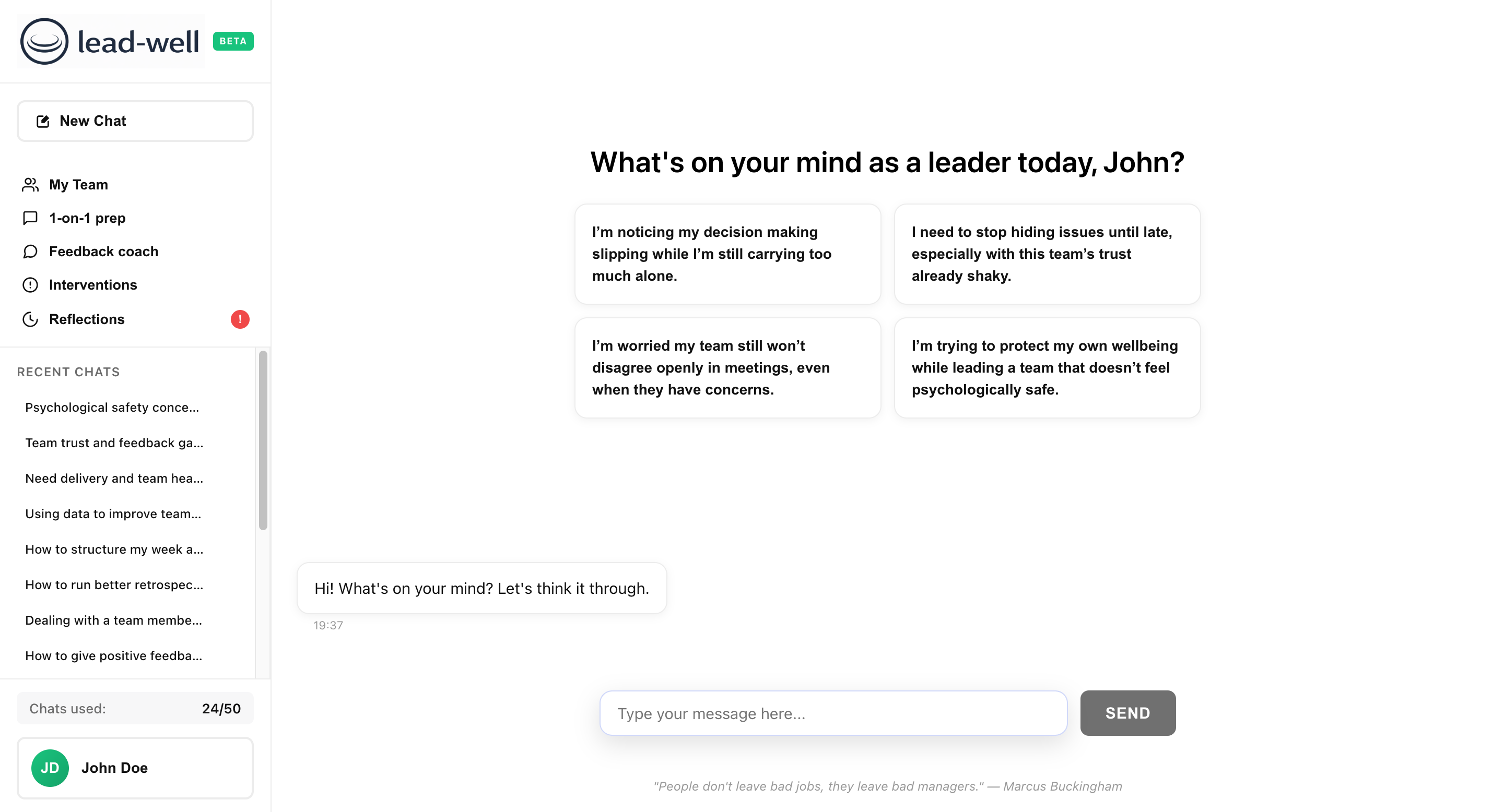 Lead-well AI leadership coaching app — weekly reflection dashboard and manager tools