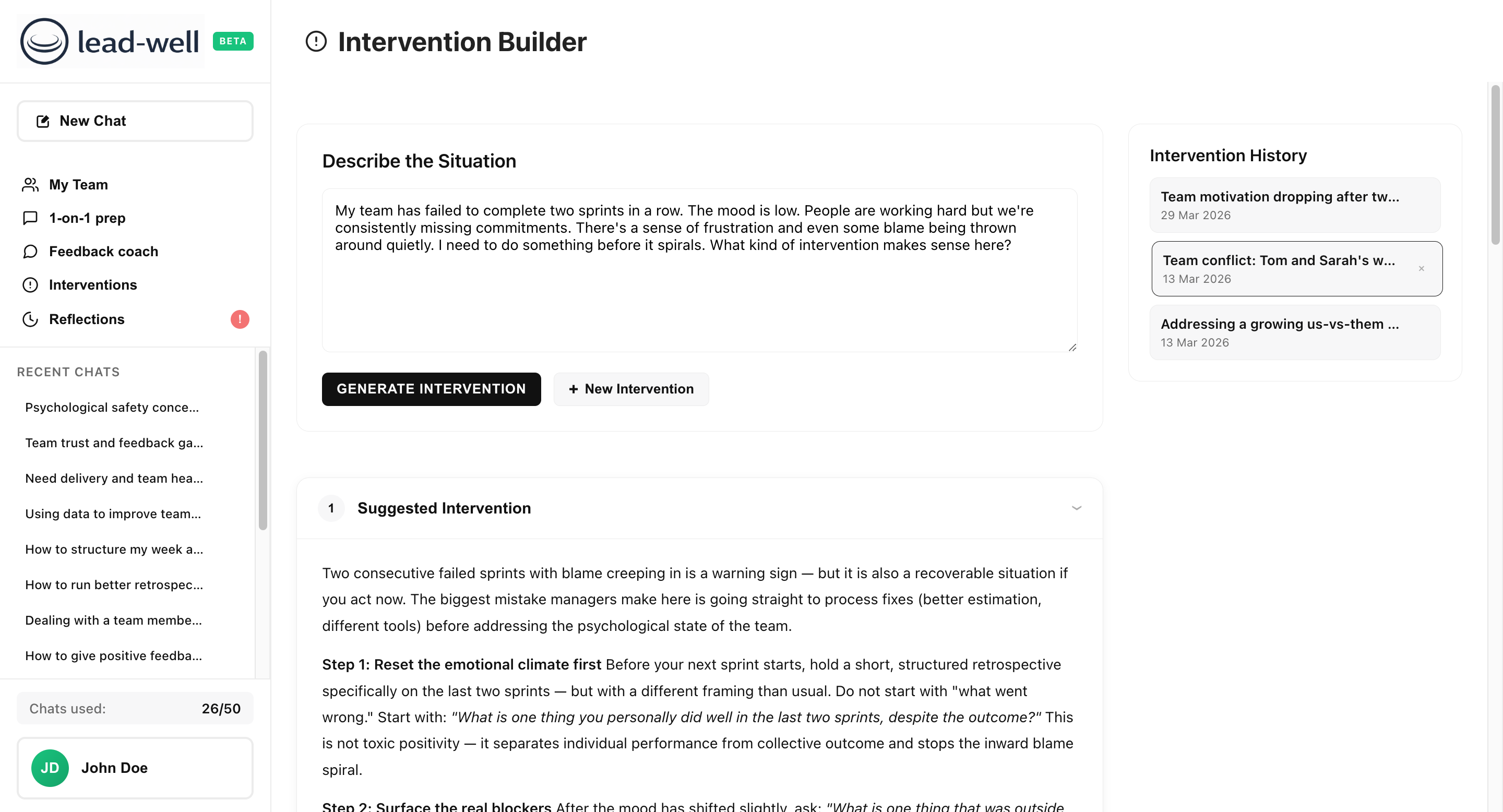 Lead-well team intervention builder for managers